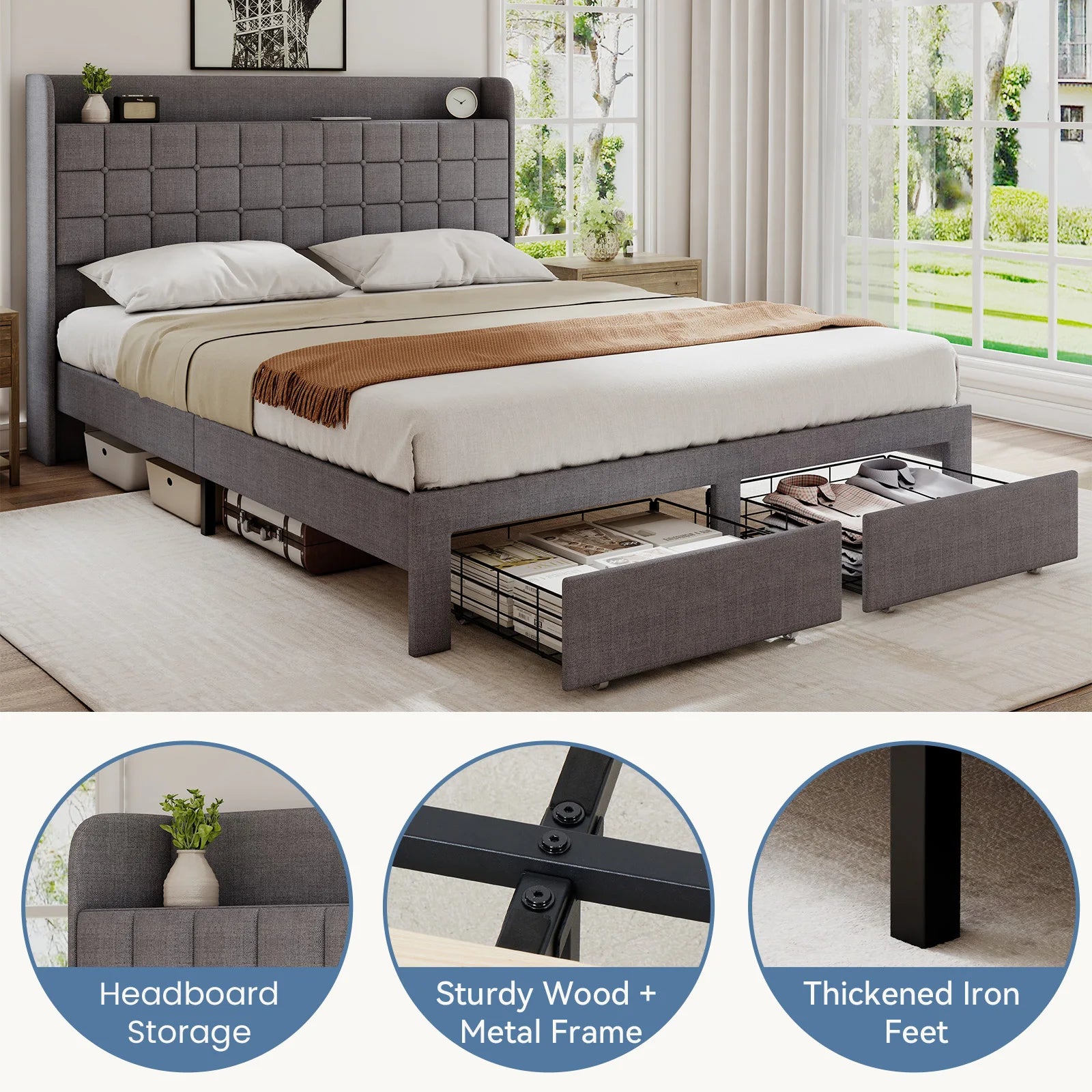 Wood Bed Frame with Storage Drawers & Upholstered Headboard