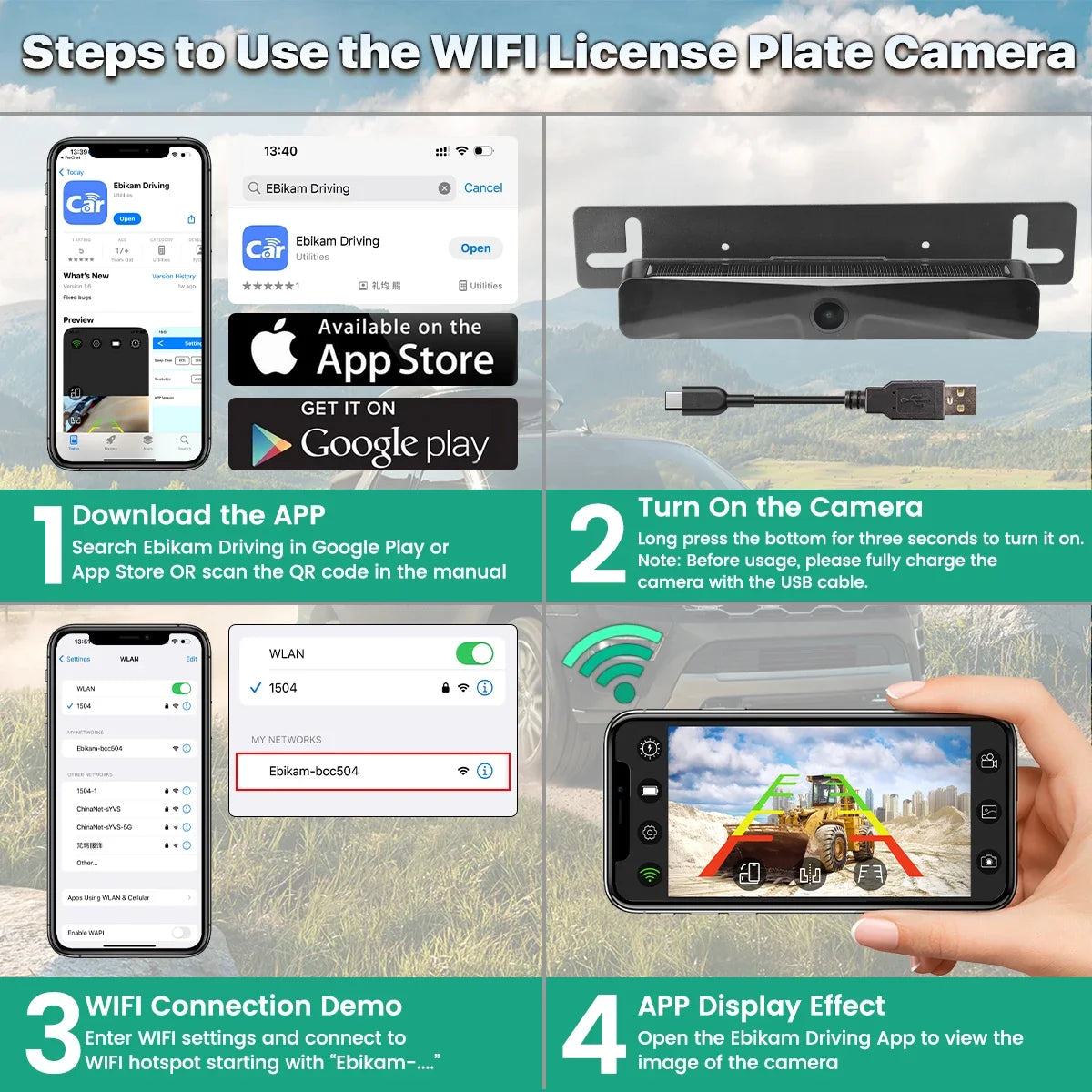 GreenYi Wireless Solar Energy 5G WiFi HD 1080P Rear/Front License Camera with Built-in 4800mAh Battery for iPhone For Car Van RV