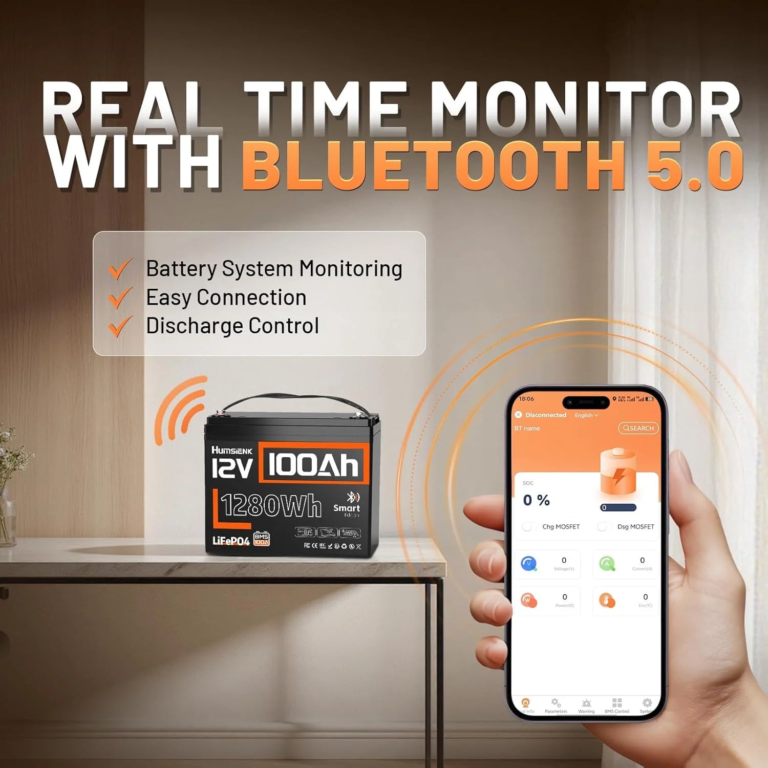 12V 100Ah LiFePO4-batteri 1280Wh med Bluetooth og 100A BMS