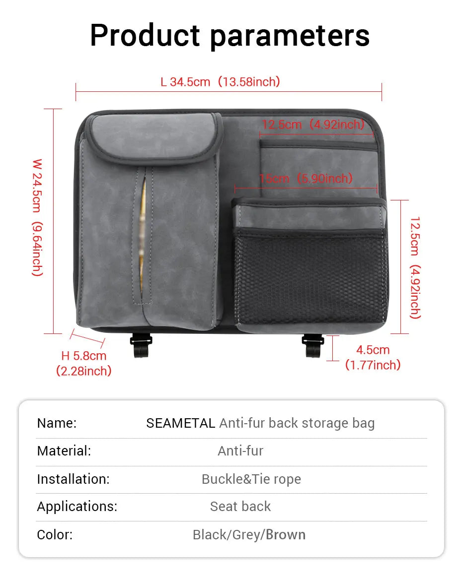 SEAMETAL Car Seat Back Storage Bag Premium Suede Car Organizer Multi-Pocket Storage Pocket Hanging Back Seat Auto Tissue Holder