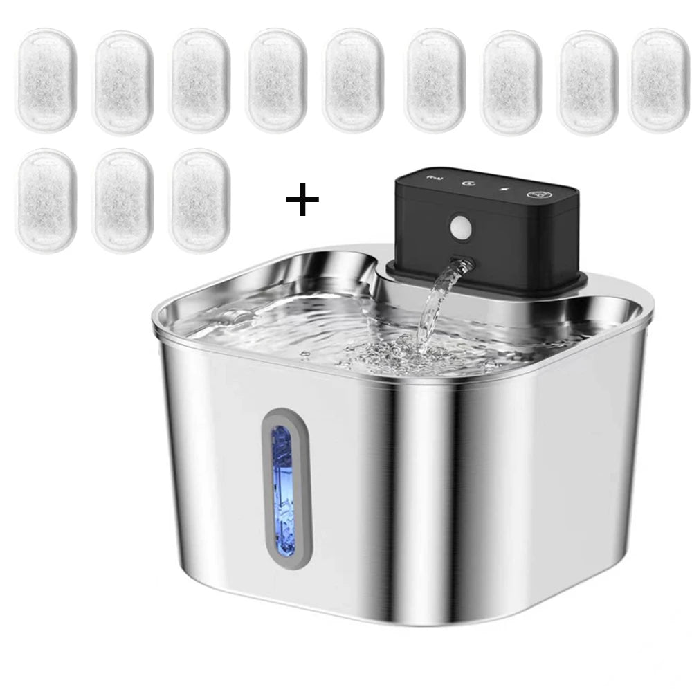 2.2L Wireless Recharging Sensor Stainless Steel Pet Water Fountain