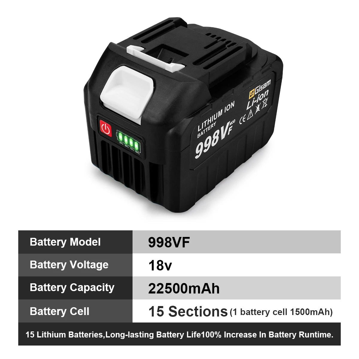 Gisam Rechargeable Battery 22500mAh 15000mAh Lithium Ion Battery 198VF 398VF 928VF Li-ion Battery For Makita 18v battery Pin