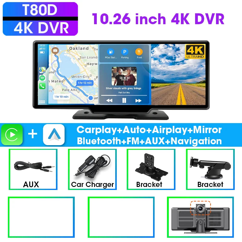 Wireless CarPlay Screen with 4K Dash Cam and GPS