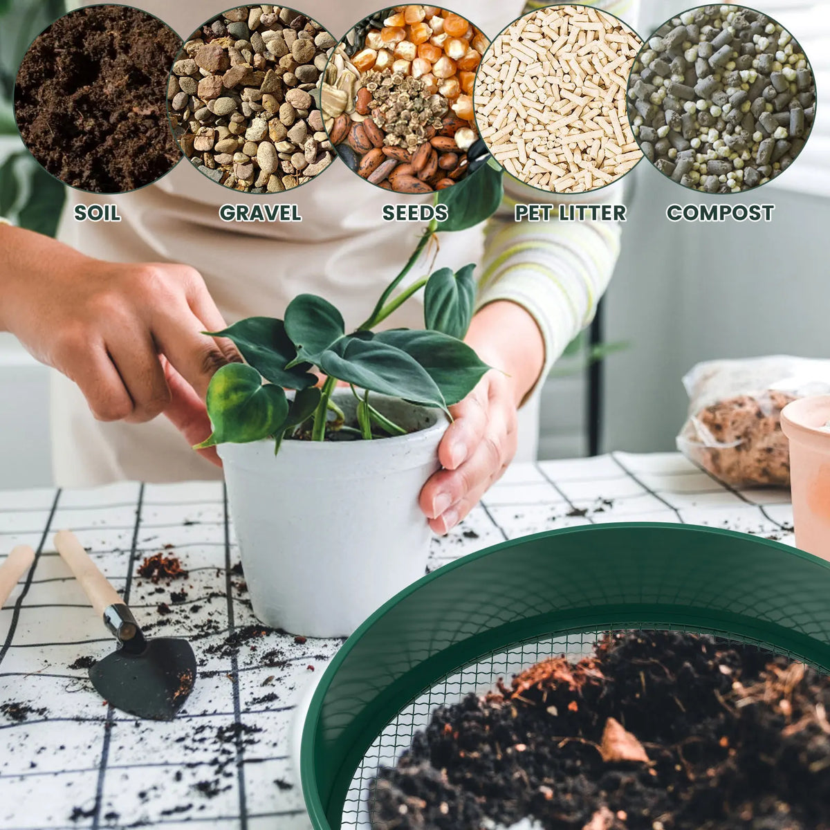 Garden Soil Sifter with Interchangeable Mesh Screens