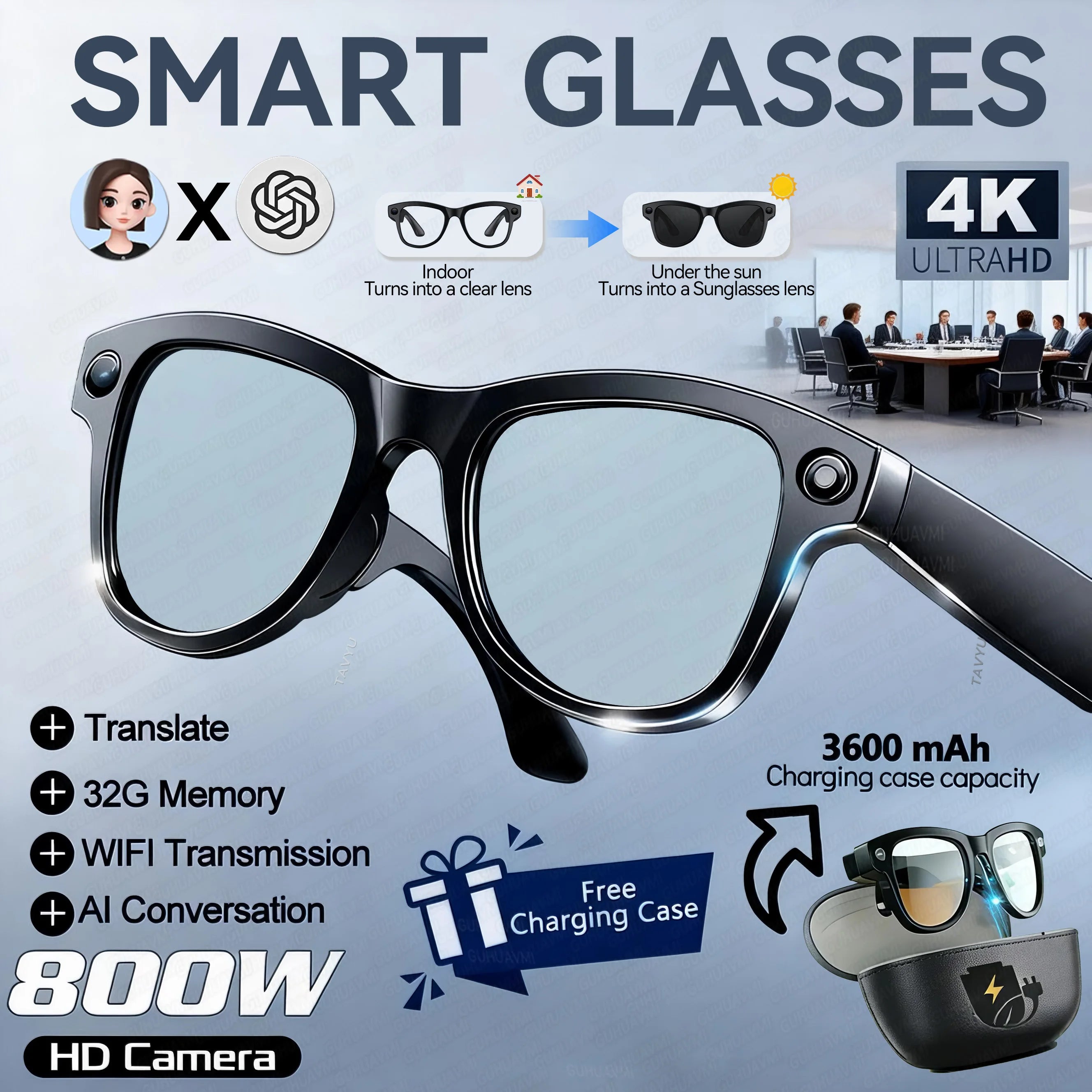 Óculos inteligentes 2026 com AI 1080p, câmera HD, M02, Ultra, ChatGPT, estojo de carregamento de 3600 mAh, banco de energia, 32 GB, tradução, música, vídeo, óculos de sol