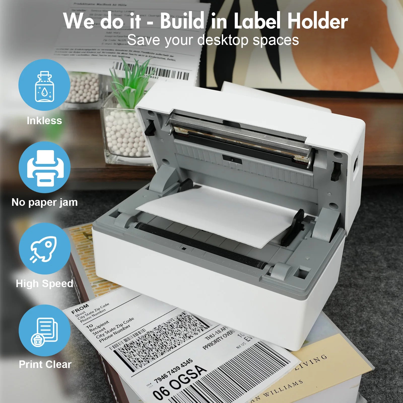 4x6 Thermal Label Printer No Ink Bluetooth USB 203 DPI Fast Print