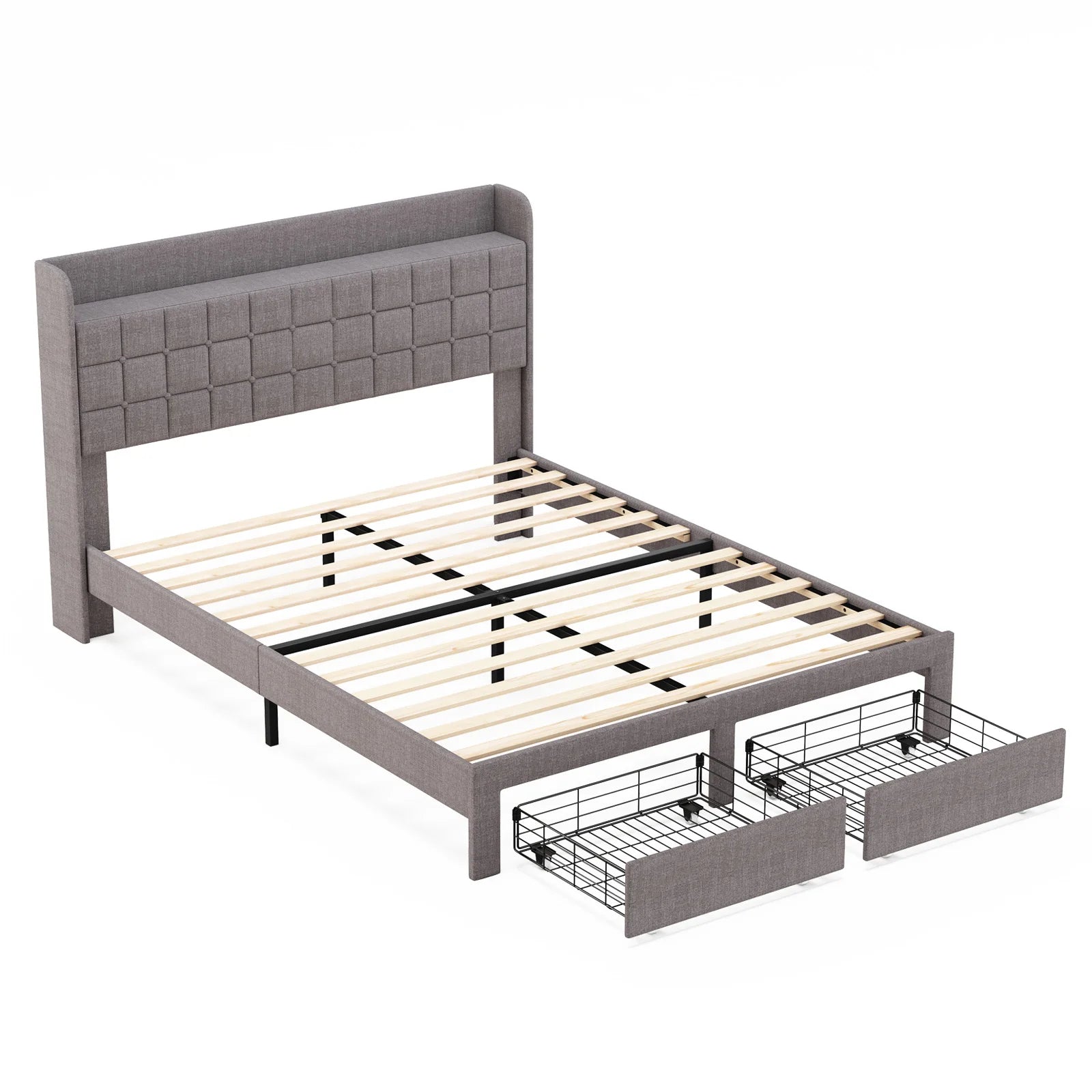 Wood Bed Frame with Storage Drawers & Upholstered Headboard