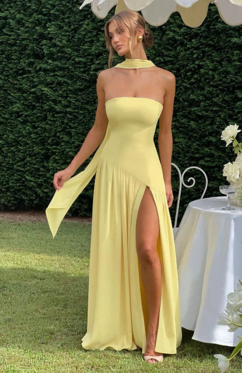 Elegant Strapless Floor-Length Women’s Slit Backless Evening Dress