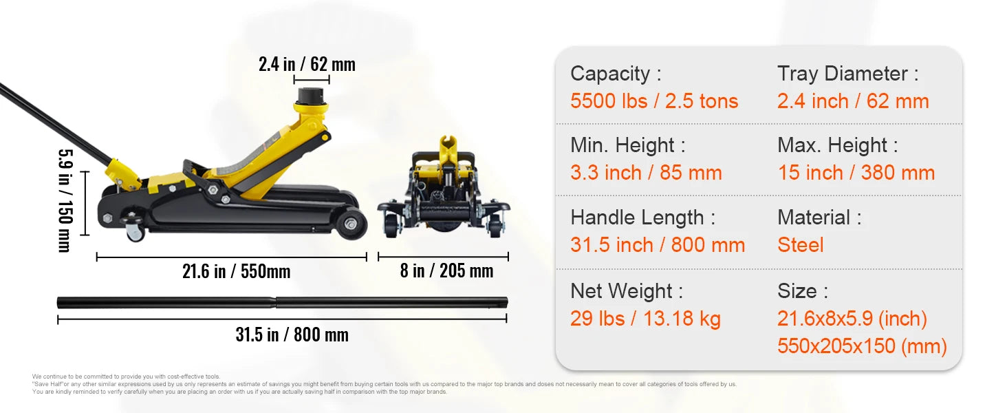 Cric de sol pneumatique en acier profil bas 2,5 tonnes