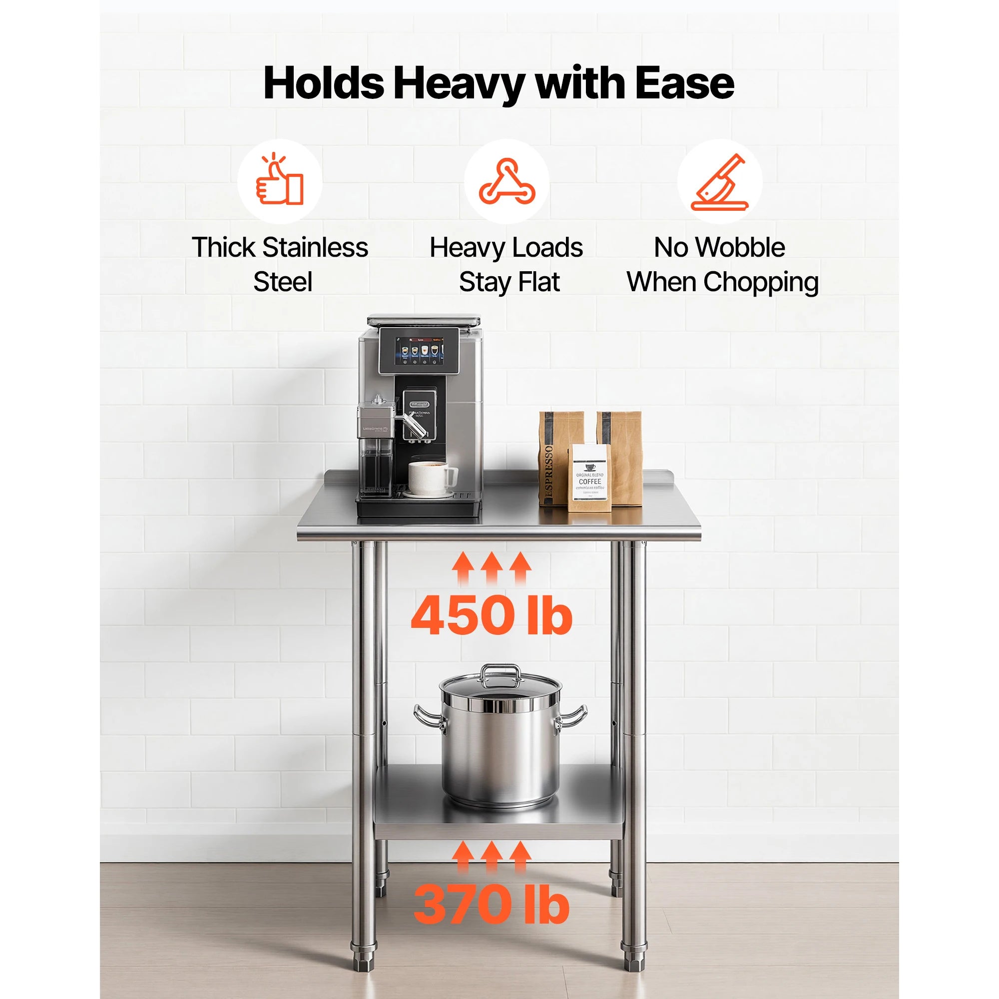 SucceBuy Stainless Steel Work Table with Backsplash Adjustable Undershelf Metal Utility Worktable for Restaurant Home Outdoor