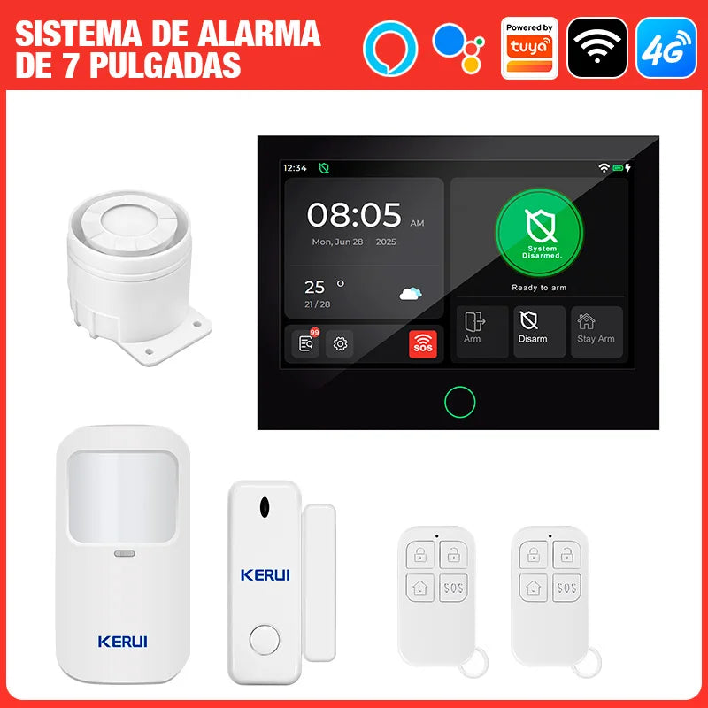 Entrega ES Kerui, grande ecrã tátil de 7 polegadas, sistema de alarme 4G+WiFi, alarme doméstico, ASK/FSK 433MHz, anti-roubo, funciona com Tuya G70
