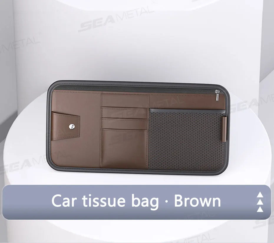 SEAMETAL 9 in 1 Sun Visor Organizer for Car PU Leather Zipper Storage Bag Net Pouch Auto Storage Pocket with Glasses/Card Holder