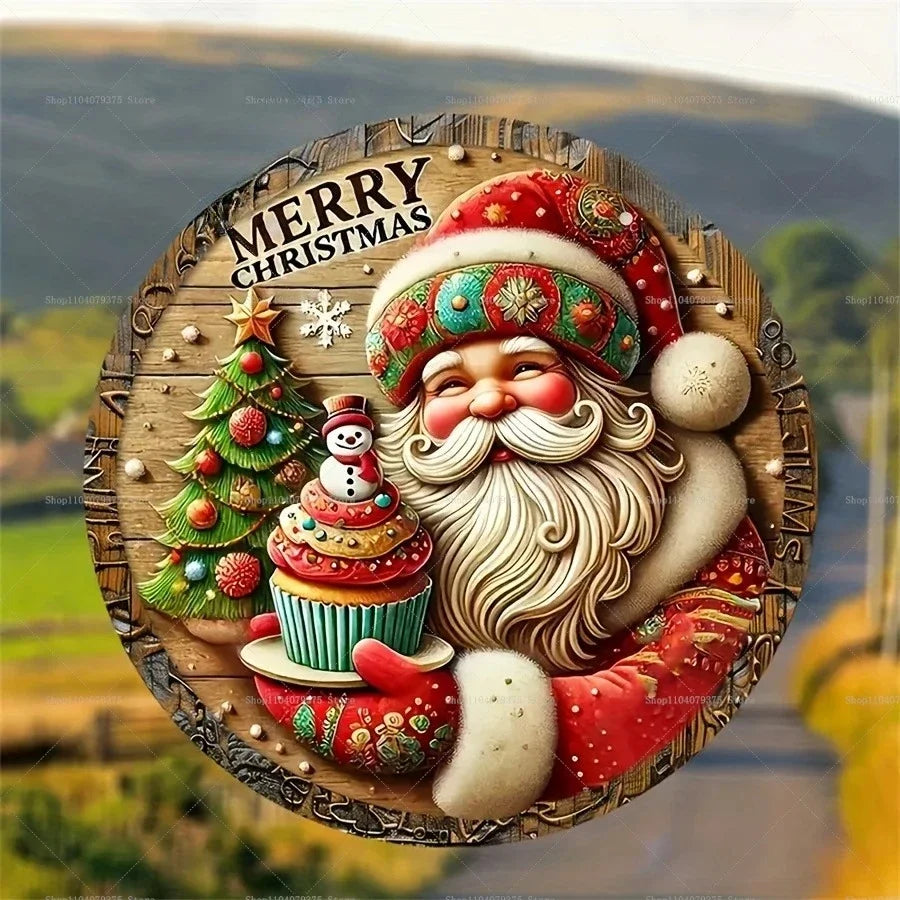 Merry Christmas Winter Snowman Metal Sign - Round Hanging Decoration for Front Door and Home Wall
