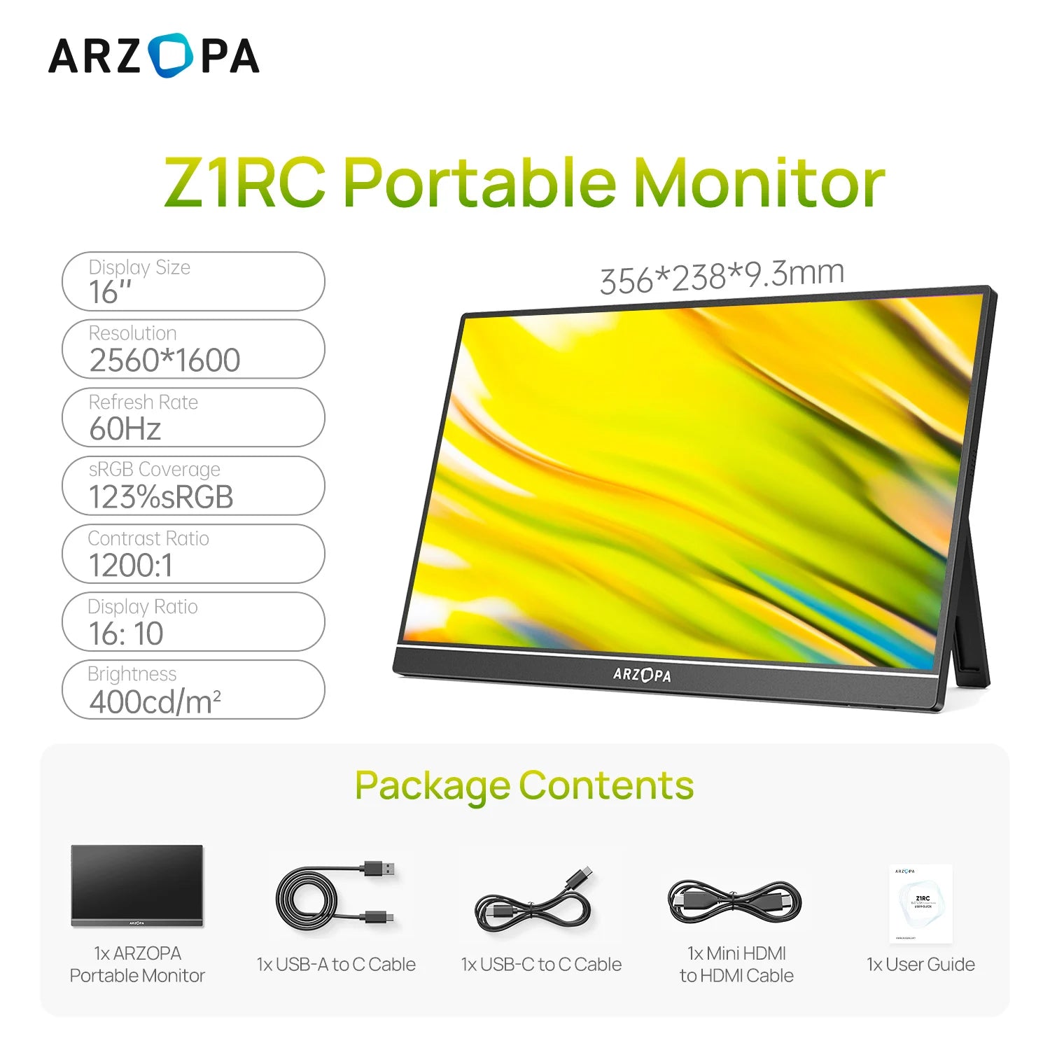 ARZOPA 16calowy 2K przenośny monitor 16:10 ekran IPS z mini HDMI typu C drugi wyświetlacz do MAC/laptopa/PC/Xbox/PS4/5/Switch,Z1RC