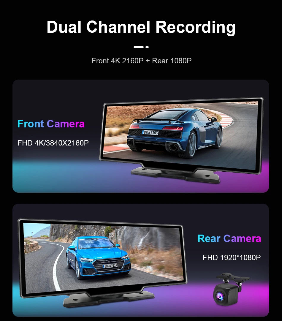 Wireless CarPlay Screen with 4K Dash Cam and GPS