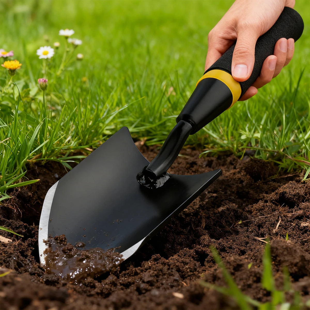 Pá de mão metálica para jardim com pega ergonómica