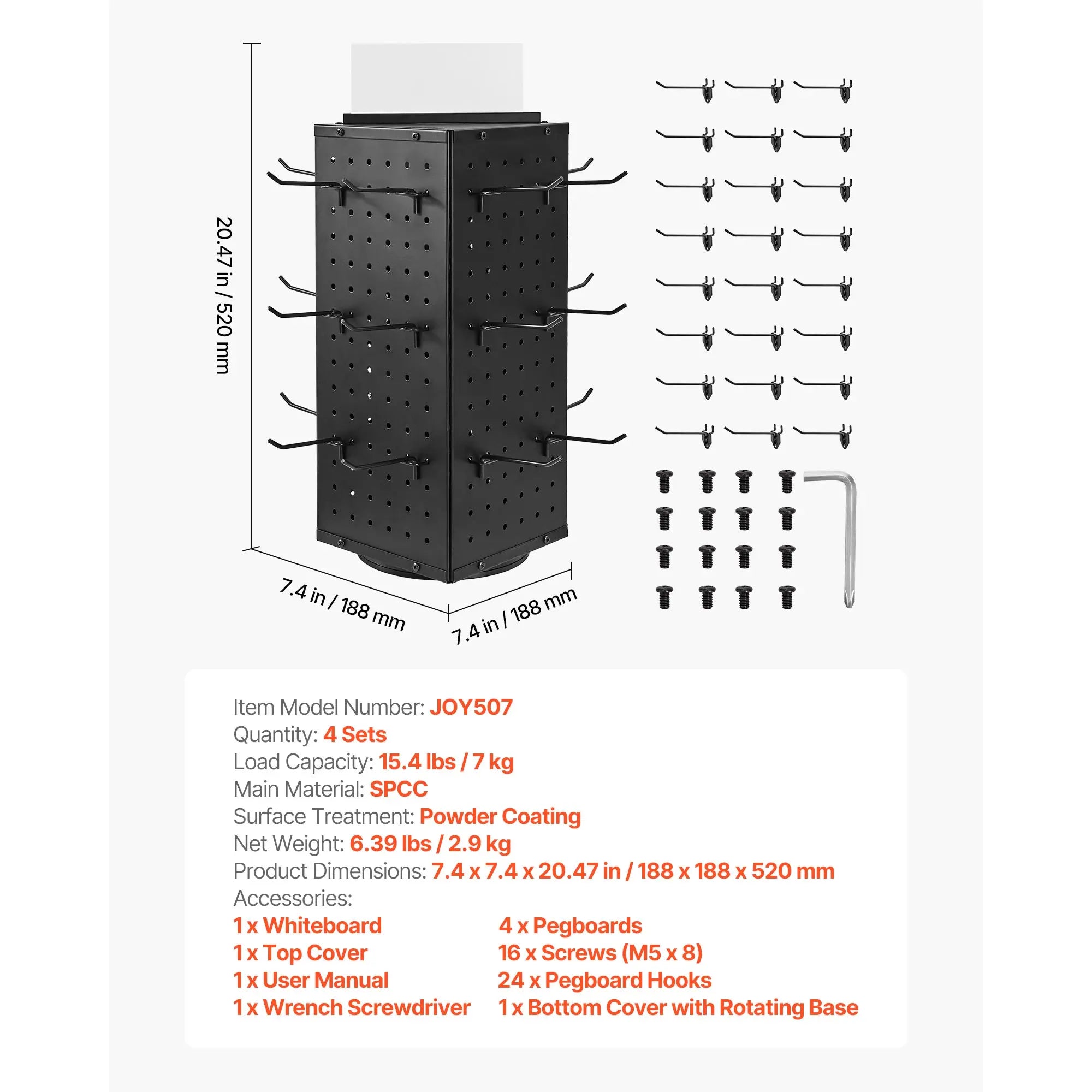 Support ROTATEUR SucceBuy - Panneau d’affichage rotatif à 4 côtés avec sélecteur en pegboard, présentoir à socles rotatifs avec 24 crochets pour magasin de bijoux et boutique de vente au détail