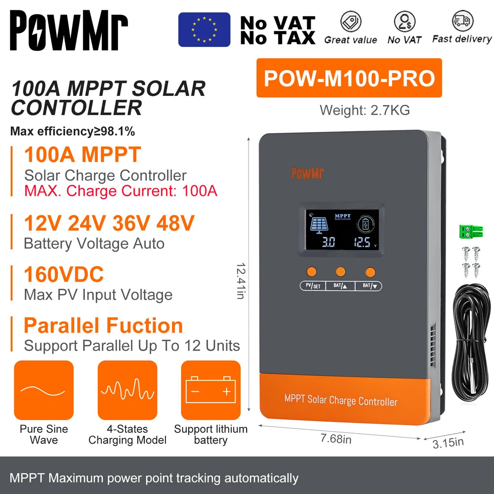PowMr MPPT 100A 80A 60A 40A 30A 30A 20A Solar Charger Controller LCD Work With 12V 24V 36V 48V Lead-acid Lifepo4 Battery Solar Panel