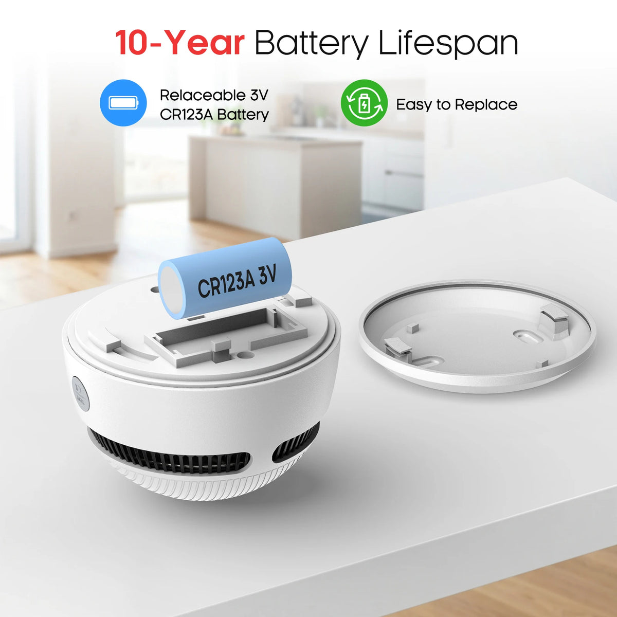 DC 3V Smoke Detector 85dB Self-check Function 10-Year Sensor Lifespan Battery Powered Smoke Alarm Hallway Garage Apartment Security