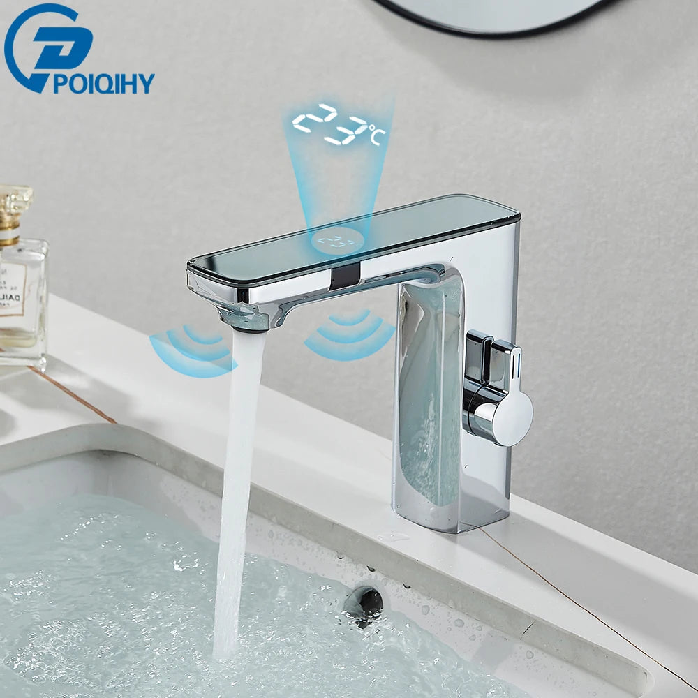 White Smart Sensor Basin Faucet Screen Digital Display Hot Cold Water Mixer Tap Touchless Vanity Sink Faucet For Bathroom