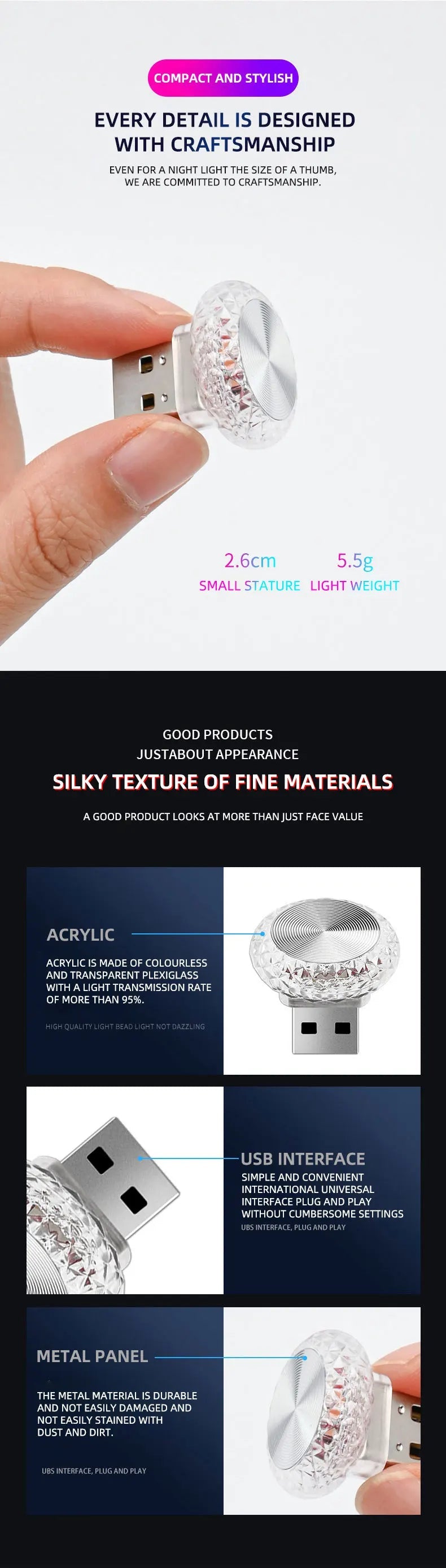 1pc Colorful Portable USB Mini LED Ambient Light for Car Interior Computer Atmosphere Lamp Plug and Play Night Light