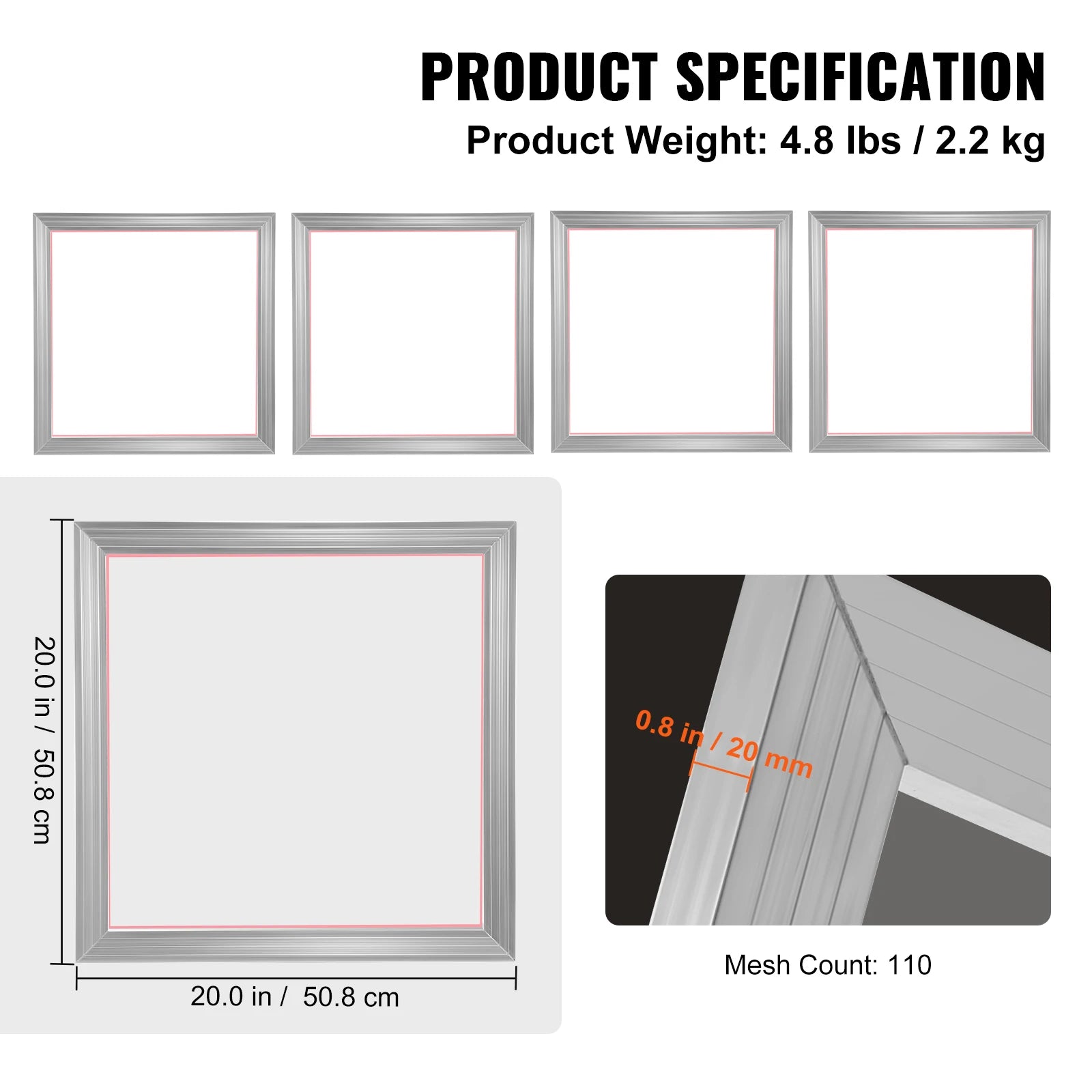 Screen Printing Kit 4 Pieces 20x20 in Aluminum Frames with 110 Mesh