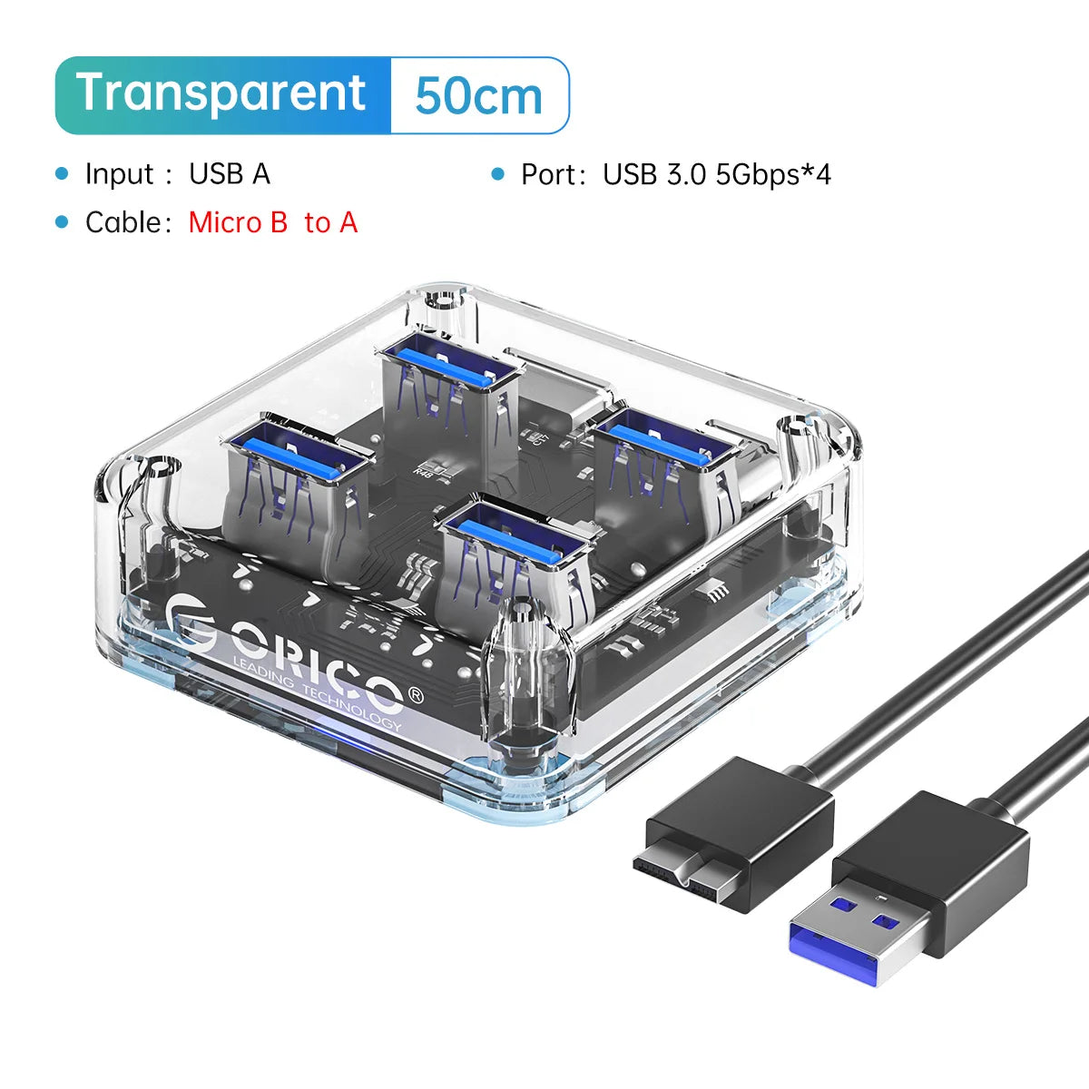 Transparent Four-Port USB Hub with Auxiliary Power Port