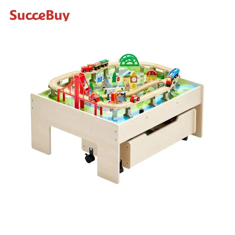 SucceBuy 3-in-1 Wooden Train Table Toys 100PCS Multicolor Kids Activity Table with Rolling Drawer for Children Drawing Toy
