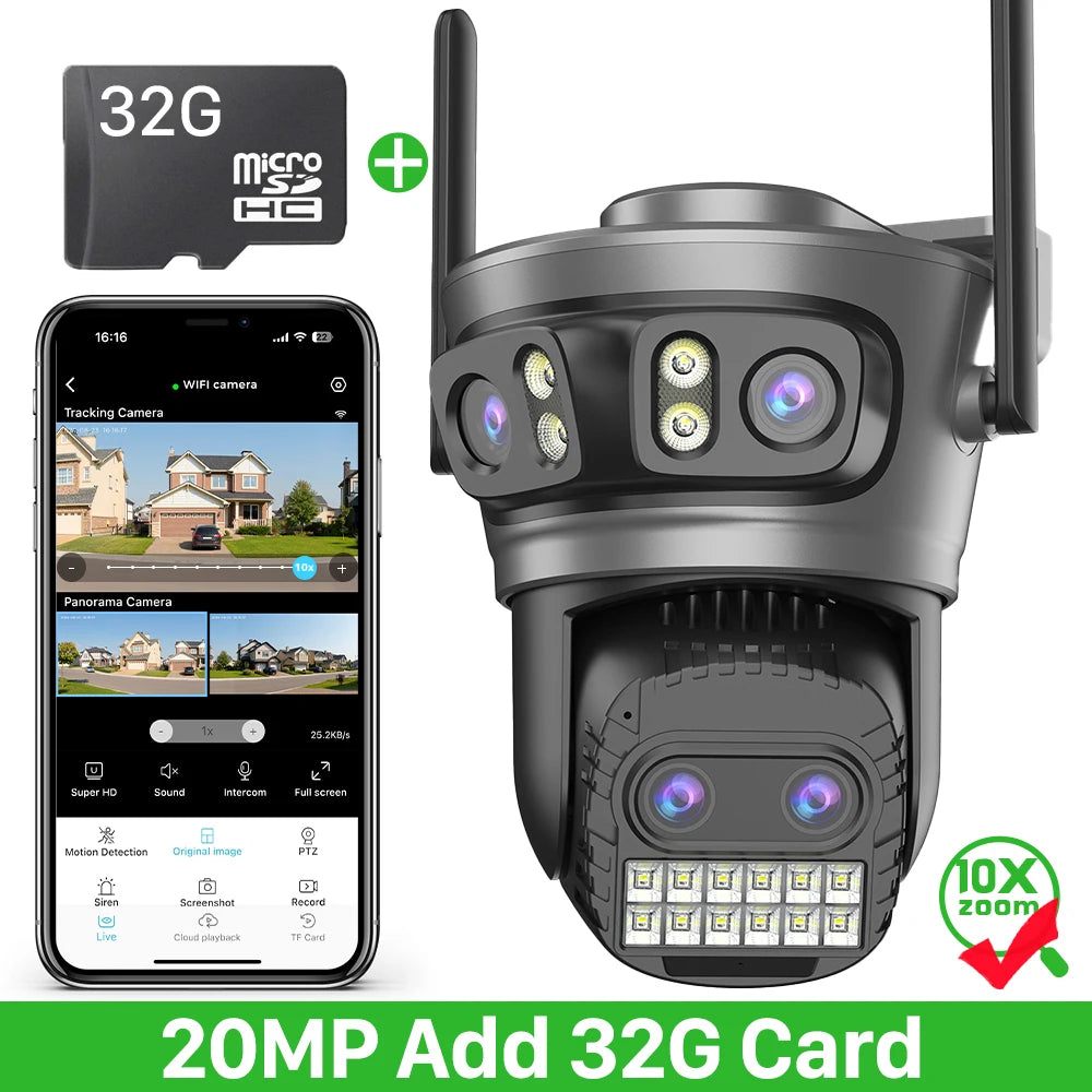 20MP 10K PTZ WiFi biztonsági kamera 4-lencsés 360° automatikus követéssel