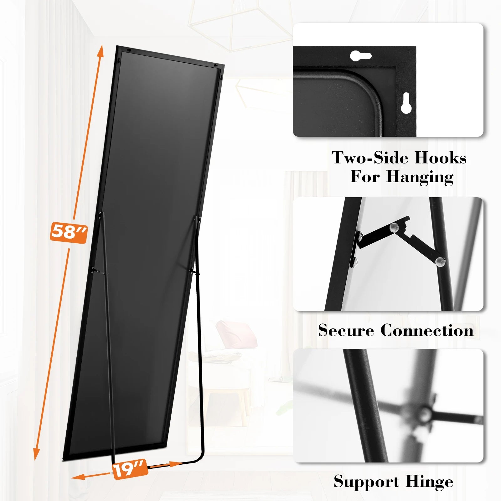 58" x 19" Full Length Floor Mirror with Stand & Wall Mount