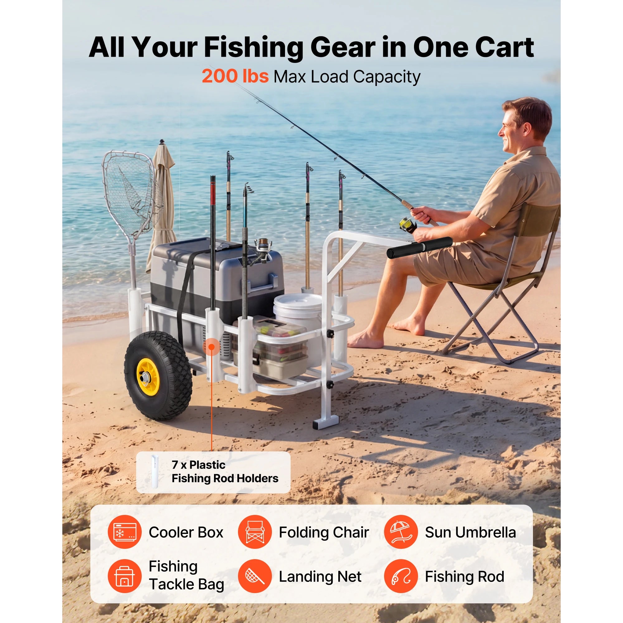 SucceBuy 200 lbs Foldable Beach Fishing Cart with Carbon Steel Frame & 11in All-Terrain Tires for Outdoor Activities Camping