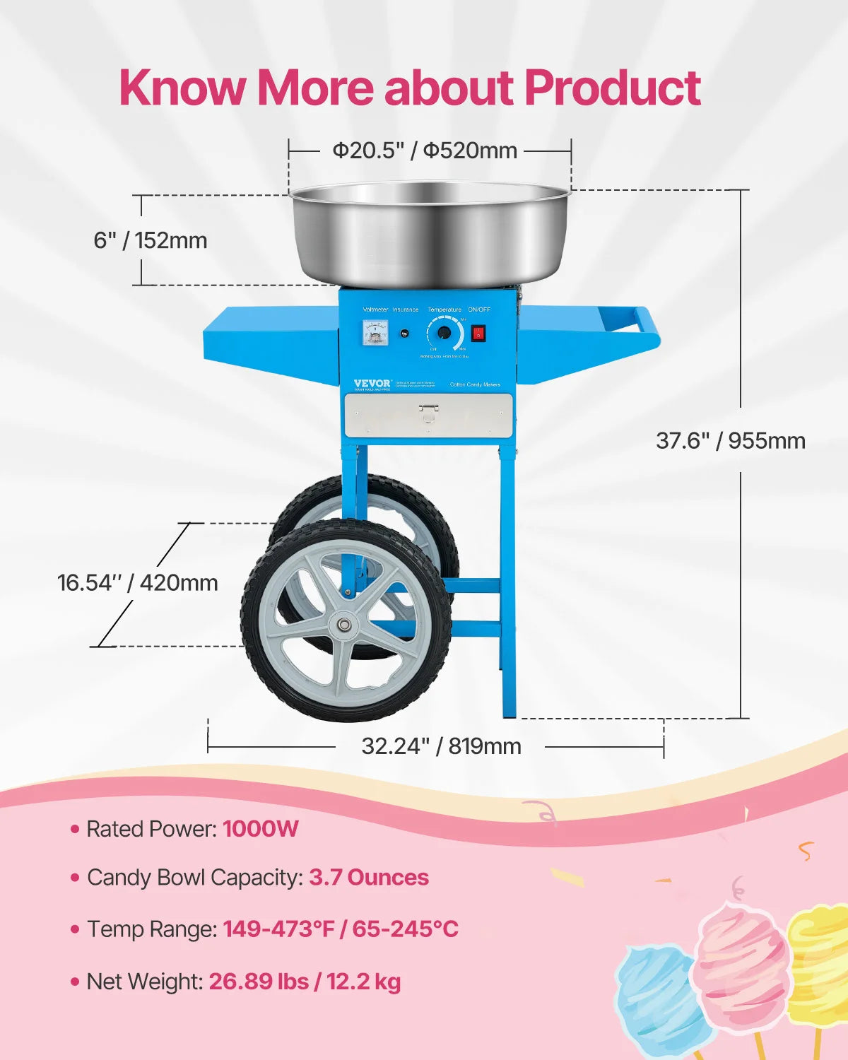 Cotton Candy Machine with Cart and Steel Bowl