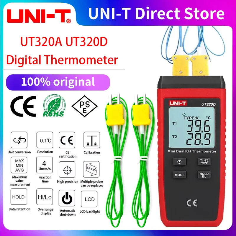 UNI-T UT320A UT320D Digital Thermometer Mini Dual Contact Thermocouple Type K J High Temperature Meter Tester -50℃ to 1200℃