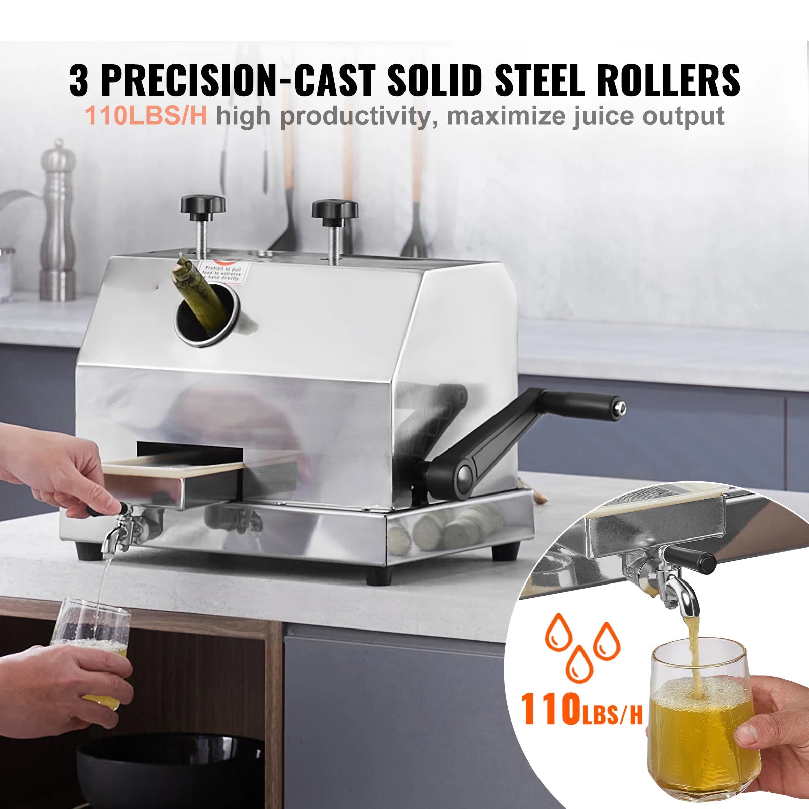 Manual Sugar Cane Juicer with 3 Stainless Steel Rollers