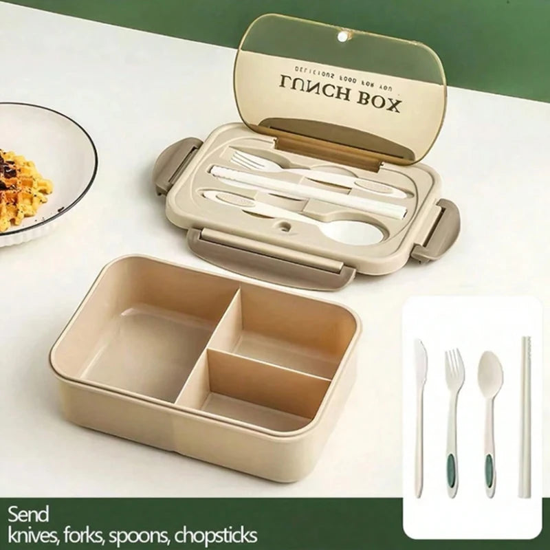 Caixa bento compartimentada para almoço com utensílios, opções de cor