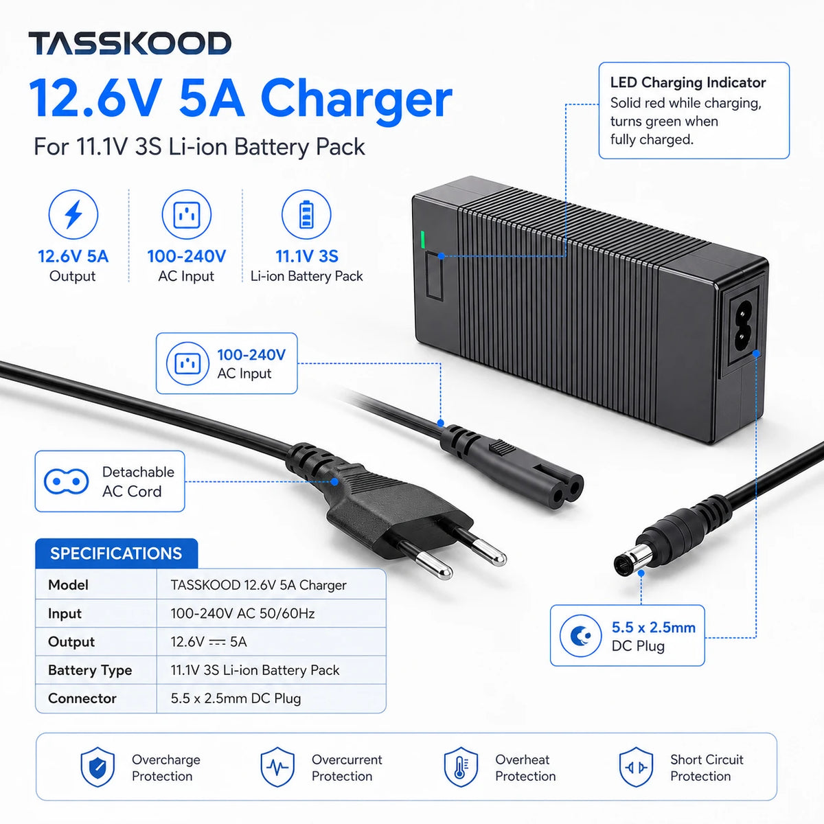شاحن 12.6 V لحزم بطاريات الليثيوم 3S المتوافقة