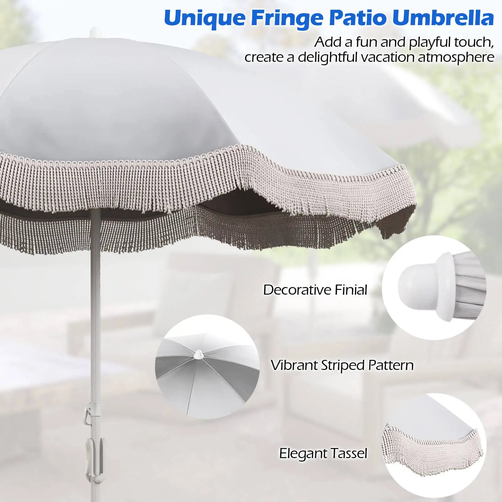 6.5 FT Patio Fringe Umbrella with Push-Button Tilt and Carry Bag
