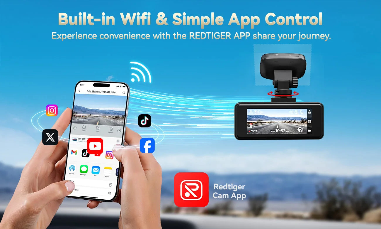 REDTIGER A8 4K+1080P Dash Cam with GPS, WiFi, Touch Screen