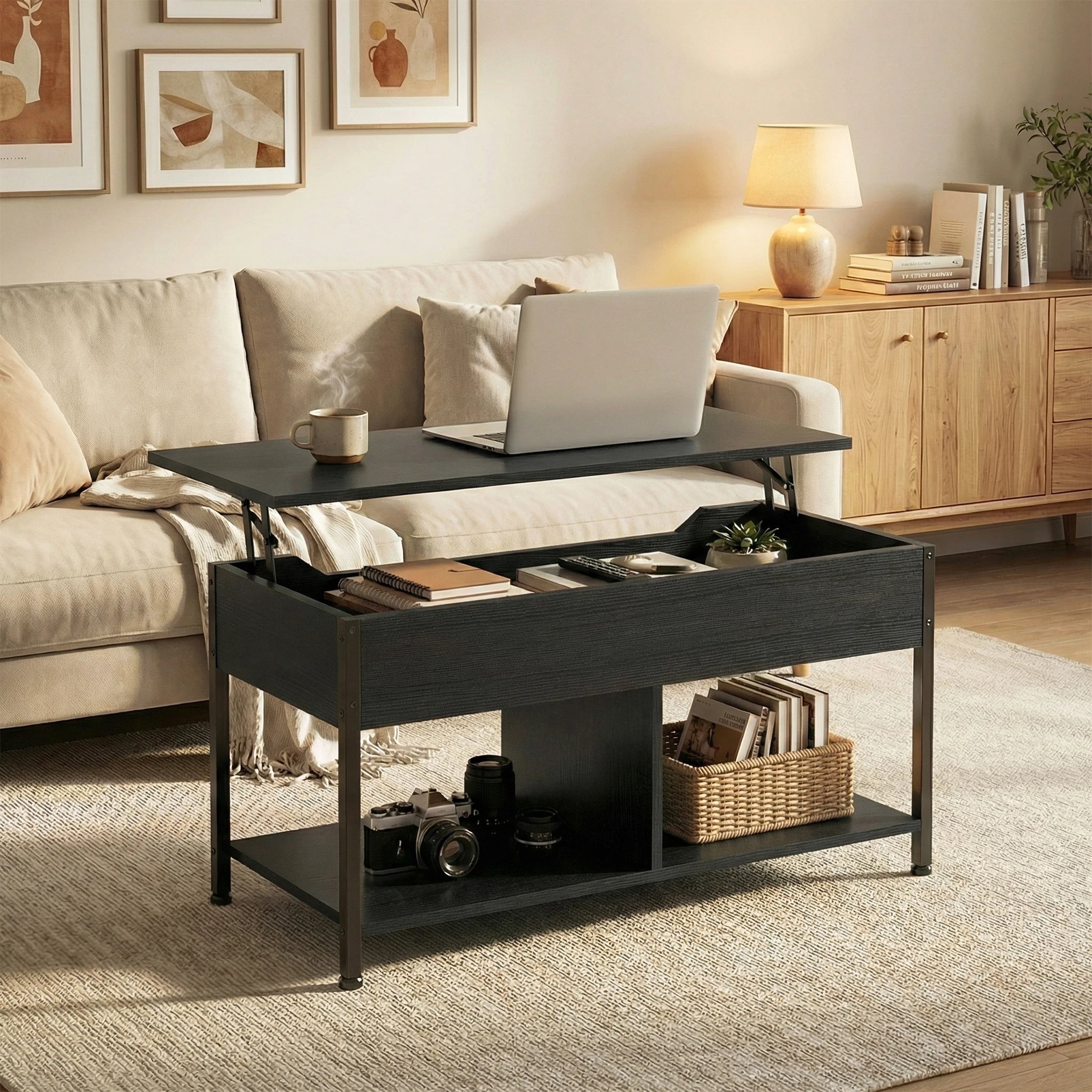39" Lift Top Coffee Table with Storage Shelf Adjustable Wood Desk