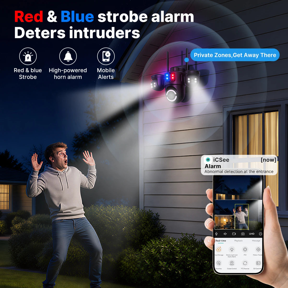 Outdoor Triple-Lens PTZ WiFi IP Camera with AI Motion Detection