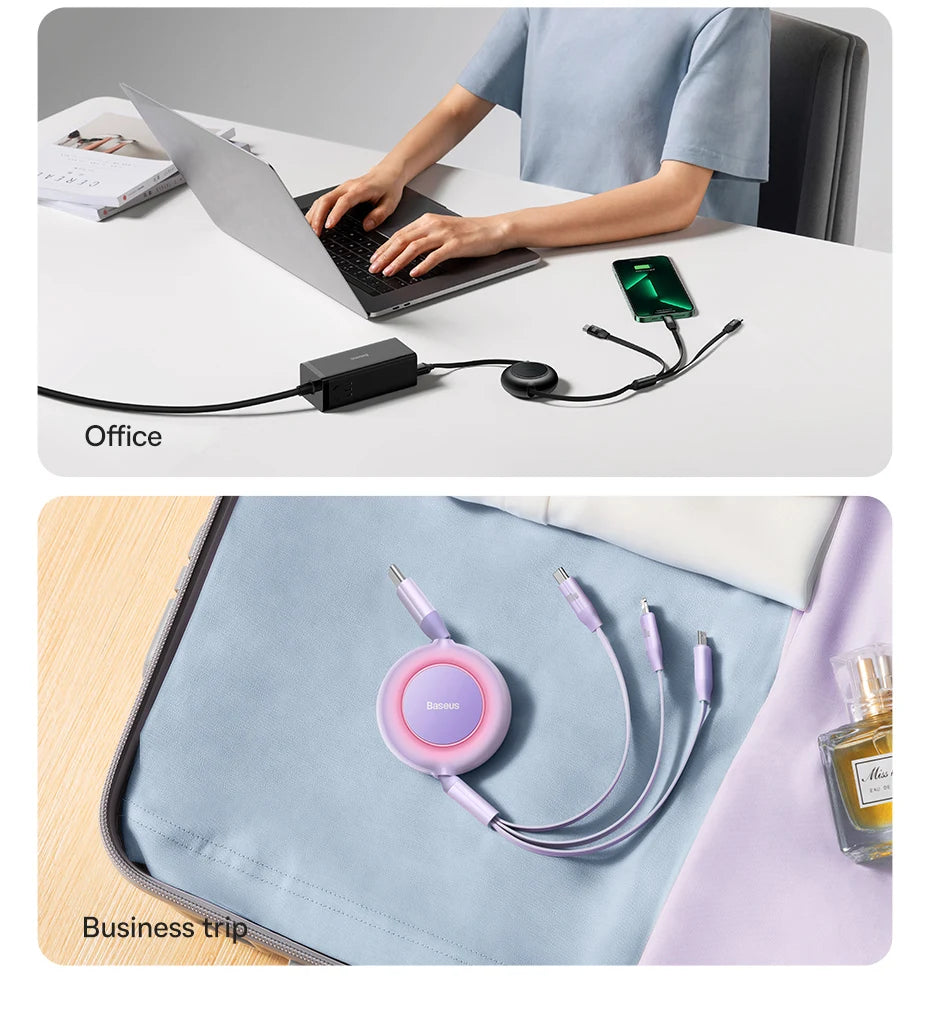 Vysúvací 100W 3v1 USB-C nabíjací kábel pre notebook a telefón