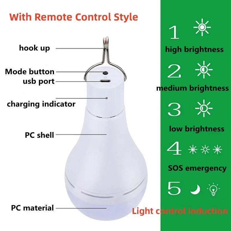 Lampadina LED solare da esterno, impermeabile, con telecomando e timer, lampada solare da giardino da appendere, luce di emergenza per escursionismo, campeggio e pesca