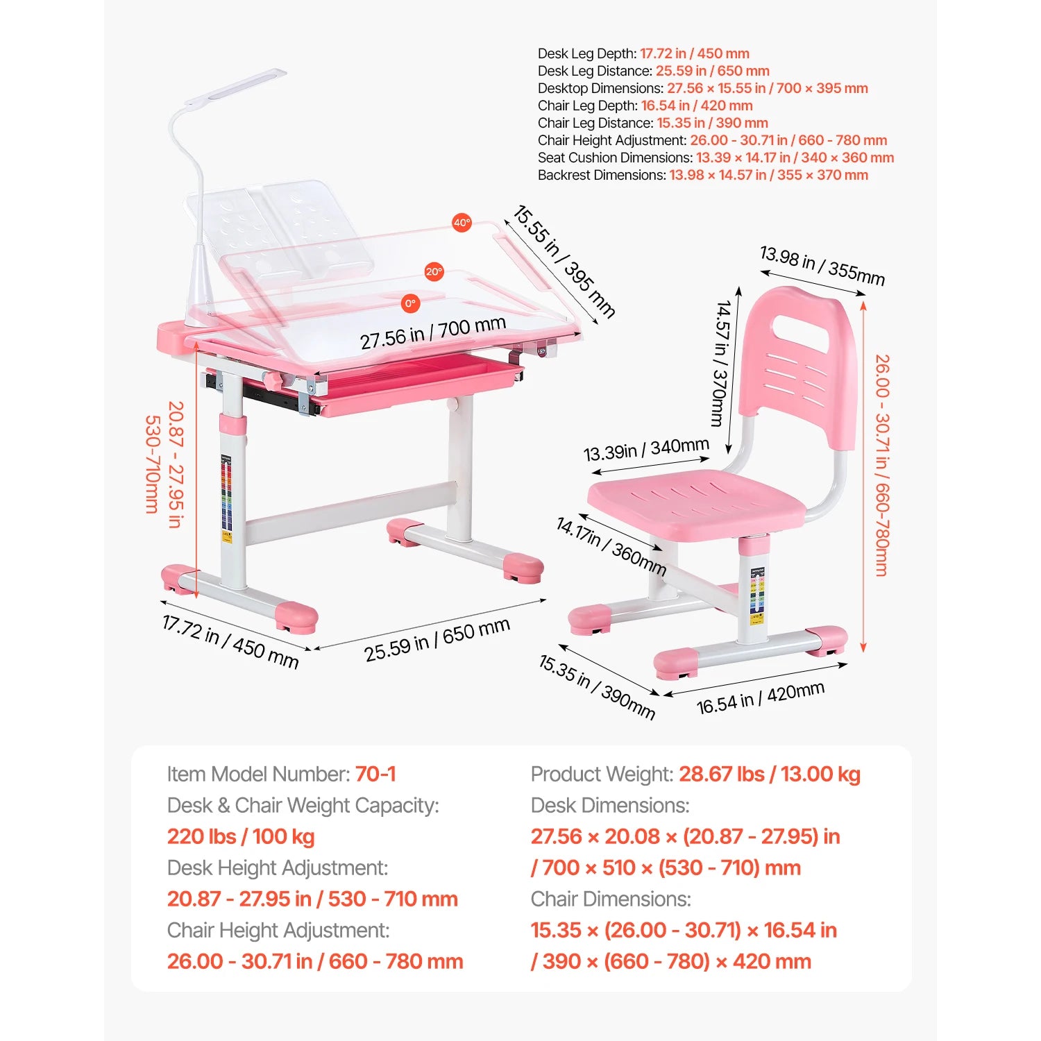 Ensemble bureau d'étude et chaise réglables pour enfants avec lampe et rangement