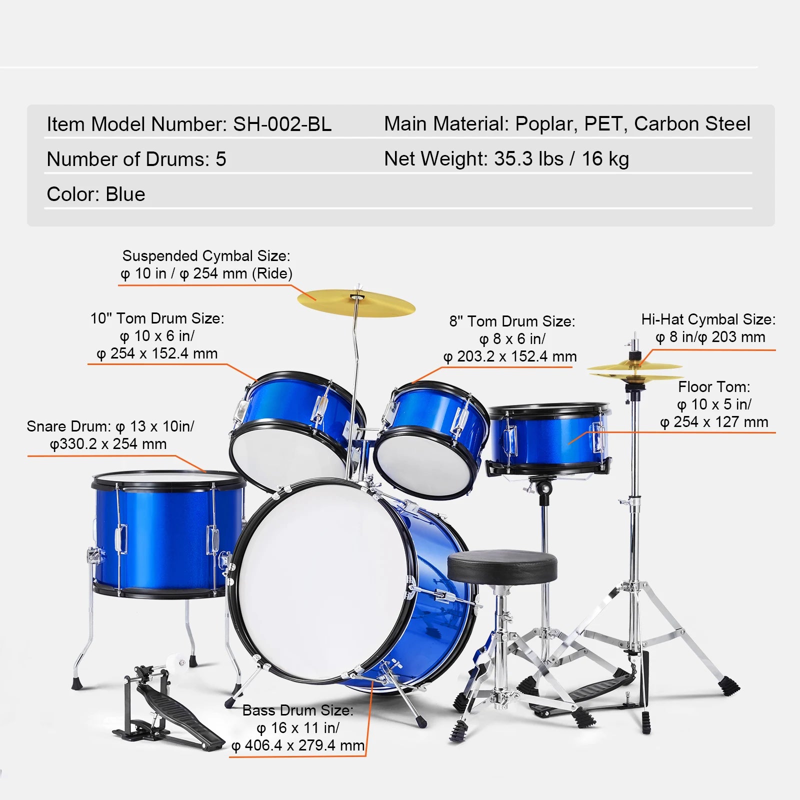 5-Piece Kids Drum Set 16'' Beginner Kit with Bass, Snare & Toms