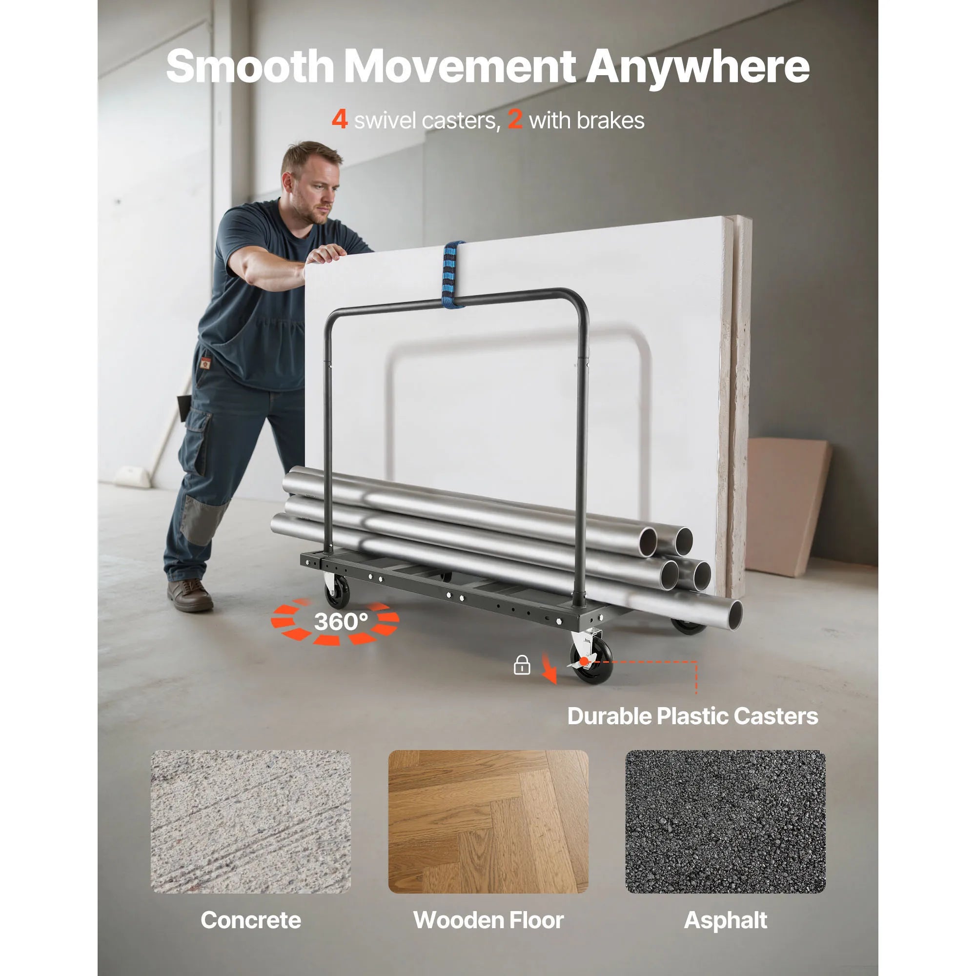 1800 lb Drywall Panel Dolly Cart with Swivel Casters & Strap