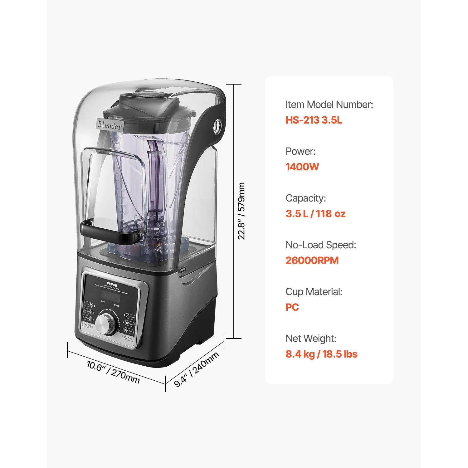 1400W High-Speed Blender with Noise Cover 2.5L/3.5L Capacity