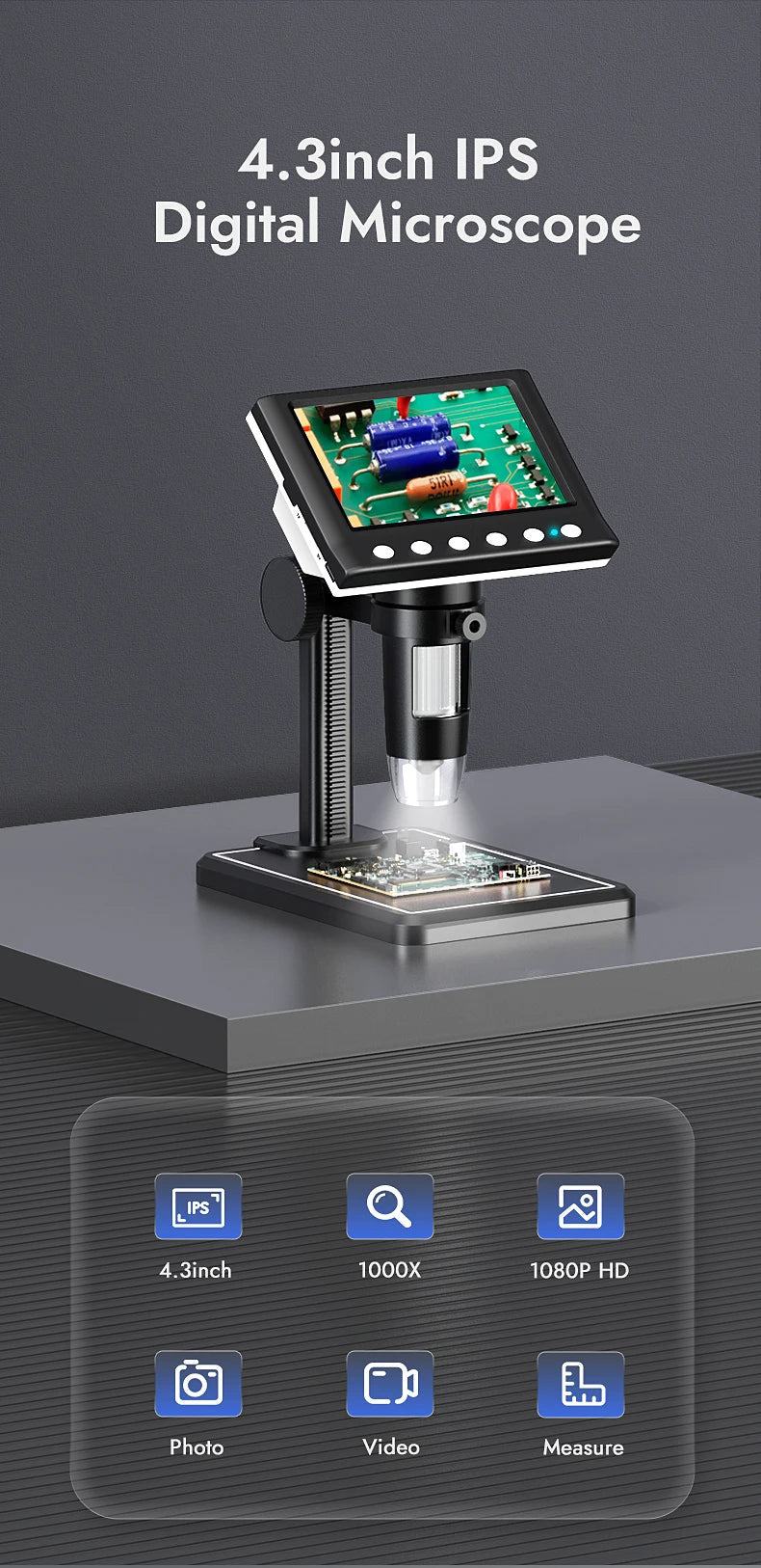 RIEVBCAU DM7 4.3'' Digital Microscope 1000X Coin Microscope 1080P Video Microscope for Adult Soldering With 8 LEDs Dropshipping