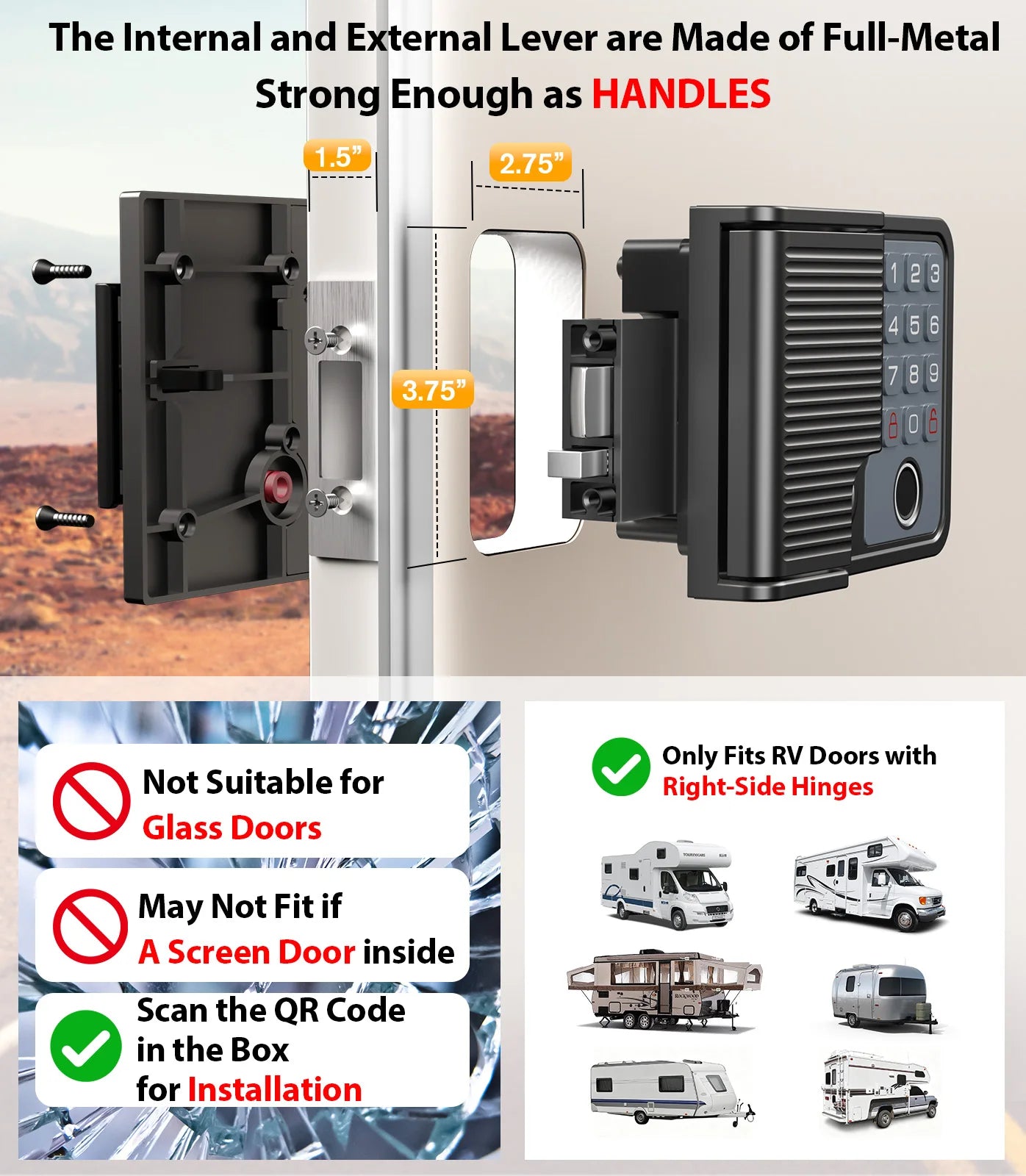 Smart RV Door Lock with Fingerprint, Keypad Remote & Weatherproof Metal