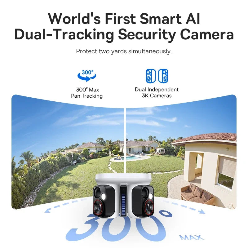 Cameră de securitate exterioară Dual Lens 3K cu alimentare solară și urmărire AI