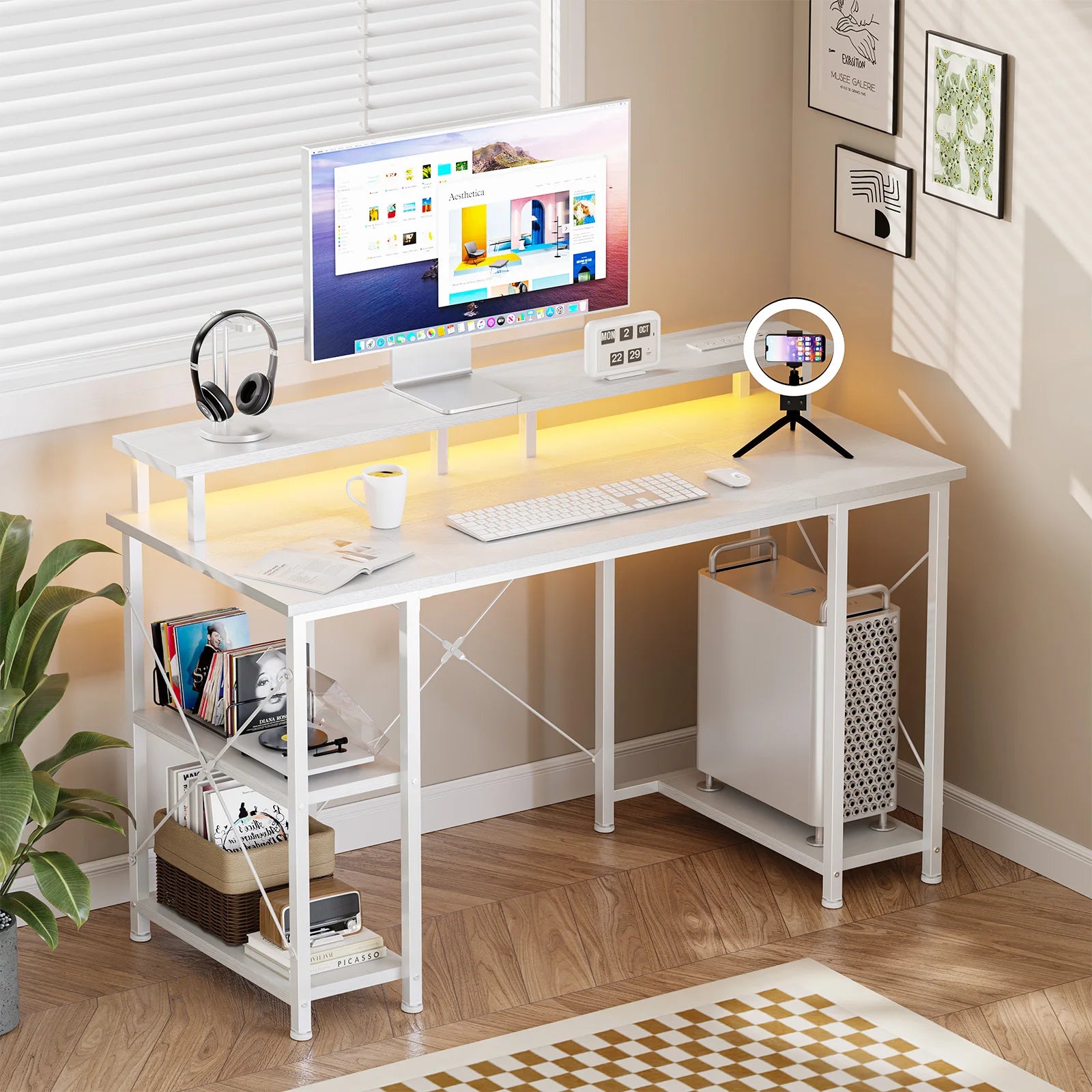48 Inch Gaming Desk with LED Lights, Power Outlets & Storage